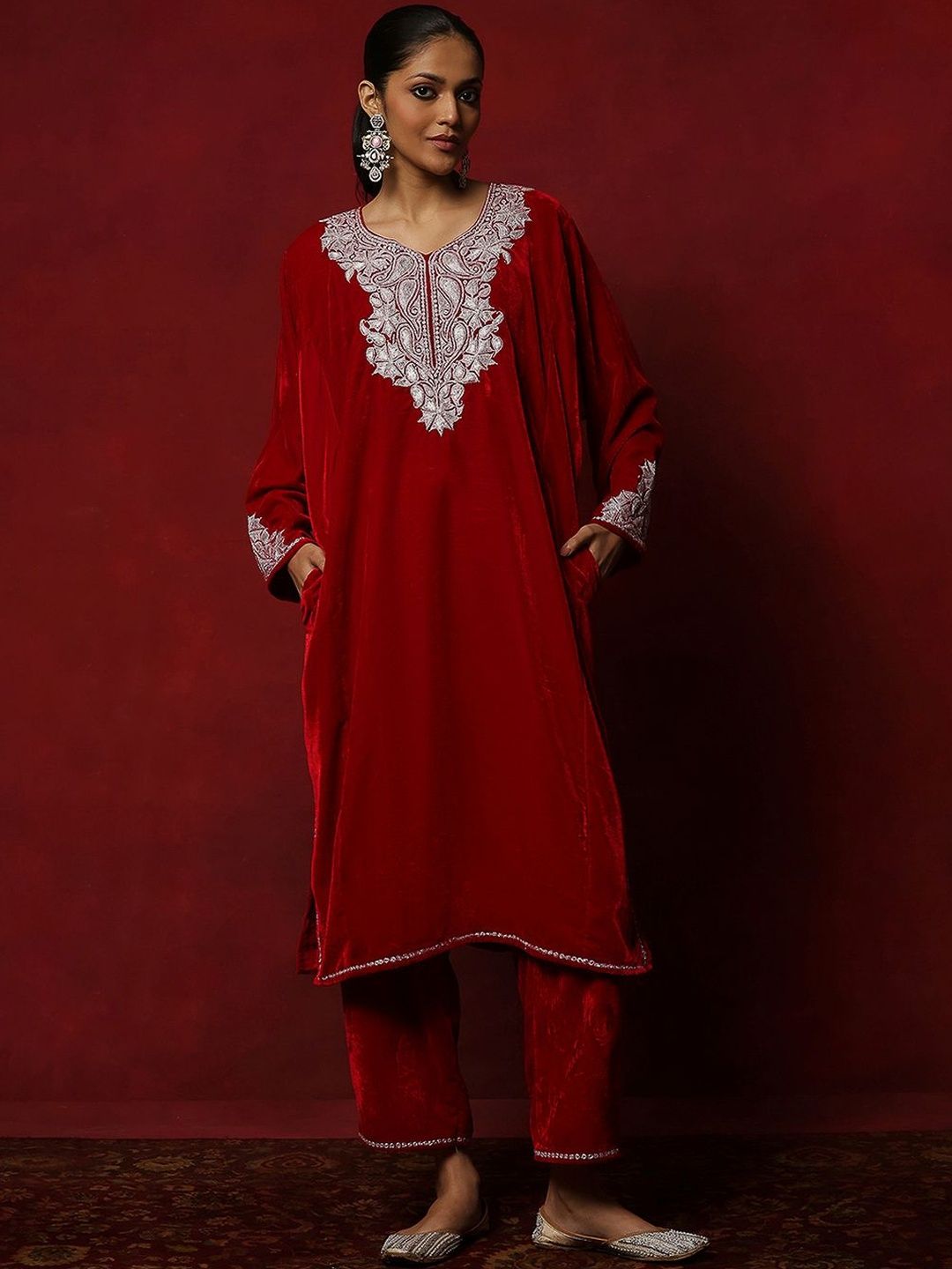 House of Chikankari Women Red Velvet Tilla Embroidered Kurta Set