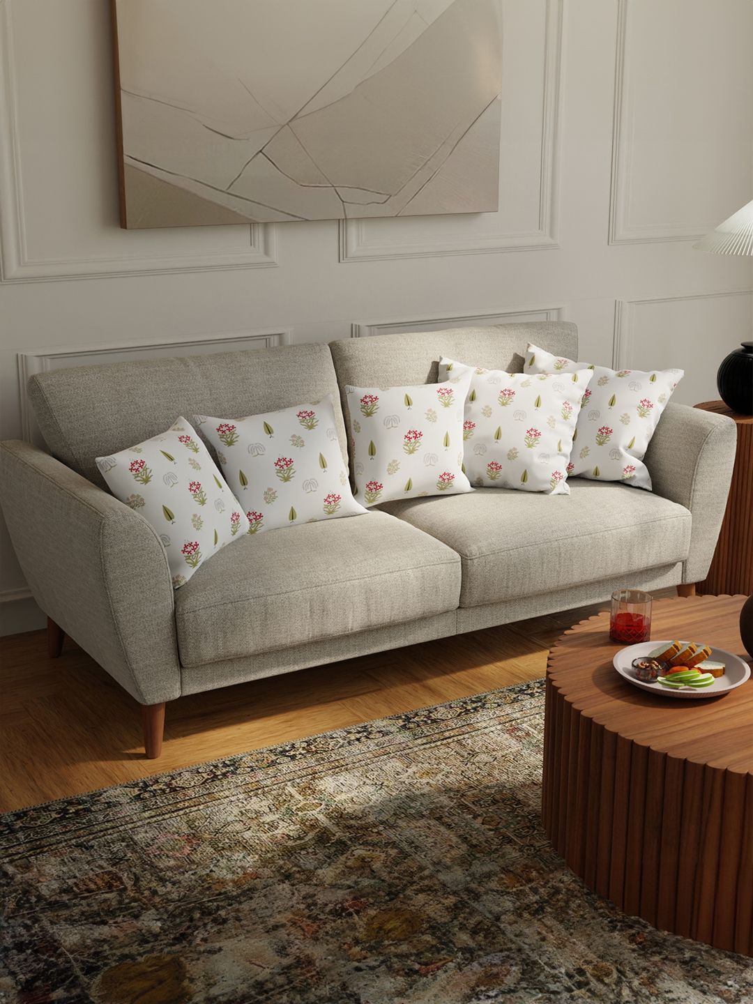 URBAN SPACE White & Red 5 Pieces Floral Printed Cotton Square Cushion Covers