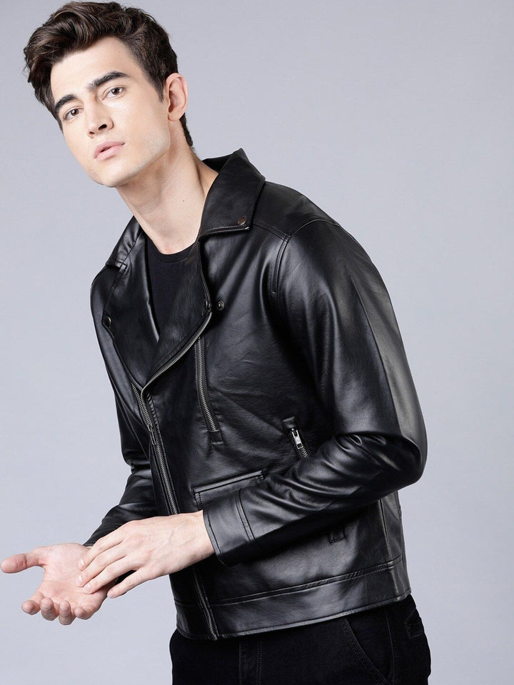HIGHLANDER Men Black Solid Leather Jacket