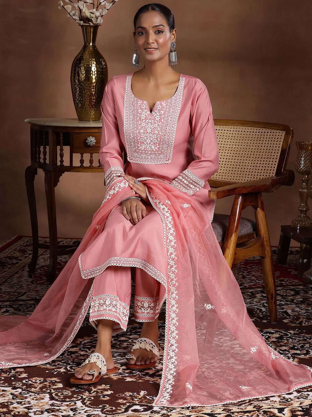 Libas Floral Yoke Design Notch Neck Thread Work Straight Kurta With Trousers & Dupatta