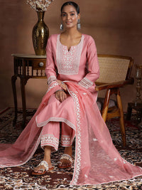 Libas Floral Yoke Design Notch Neck Thread Work Straight Kurta With Trousers & Dupatta