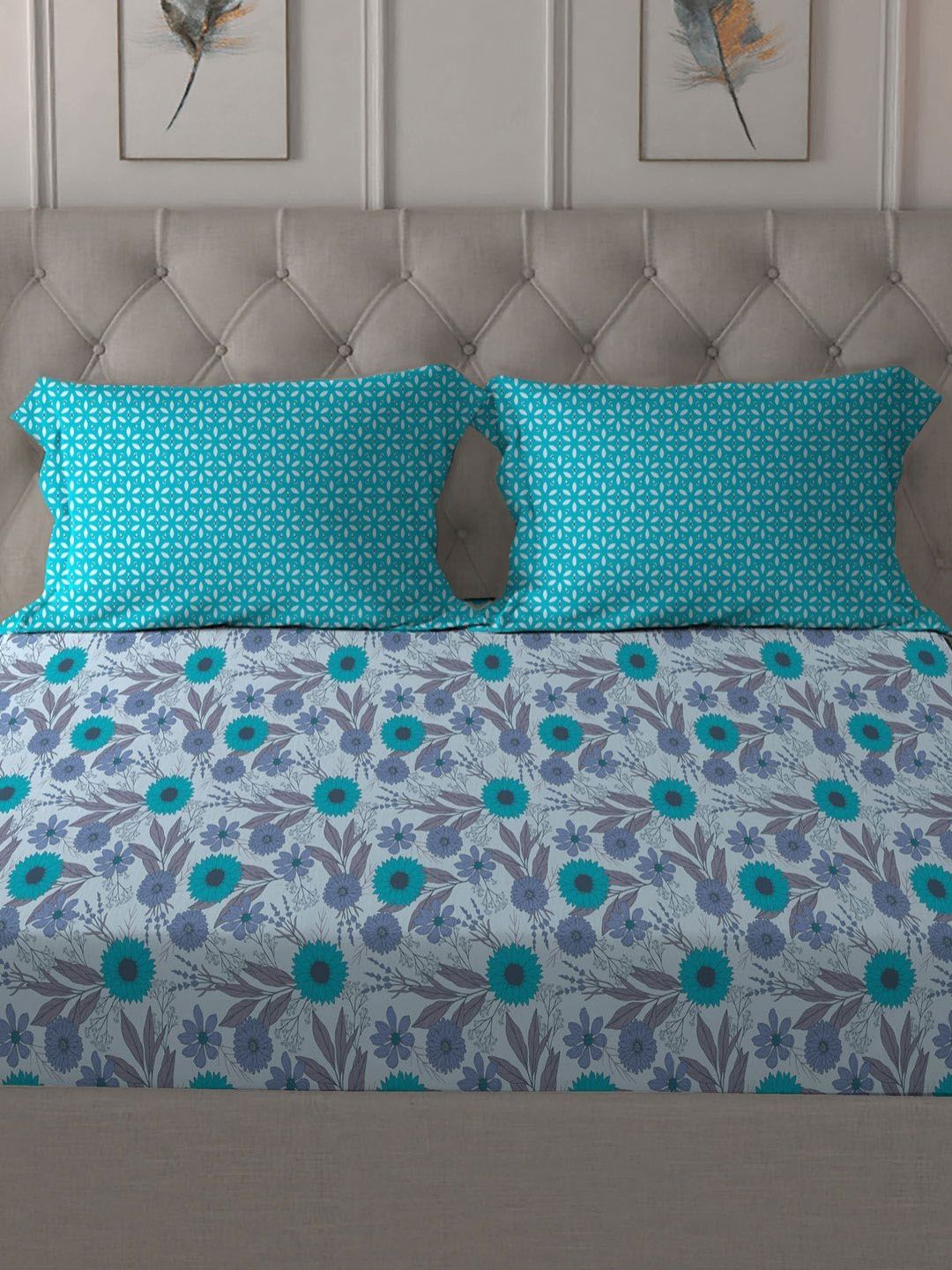 MYTRIDENT Sunflower Blue Comfort Living Flat 120TC Queen Cotton Bedsheet Set