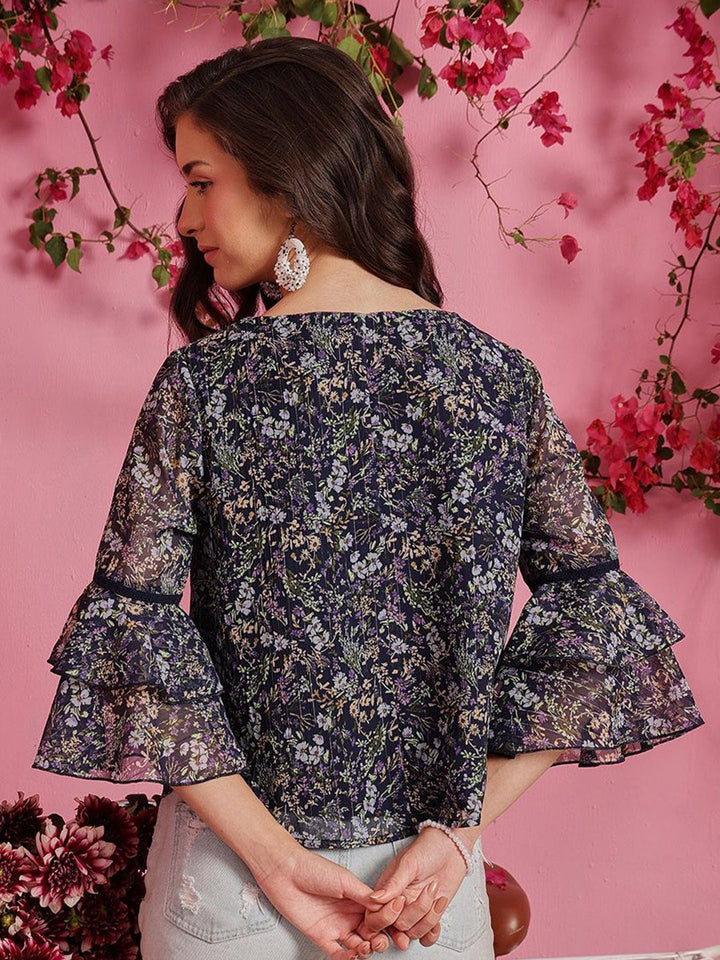 QUIERO Women Floral Printed Round Neck Chiffon Top