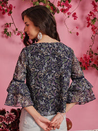QUIERO Women Floral Printed Round Neck Chiffon Top