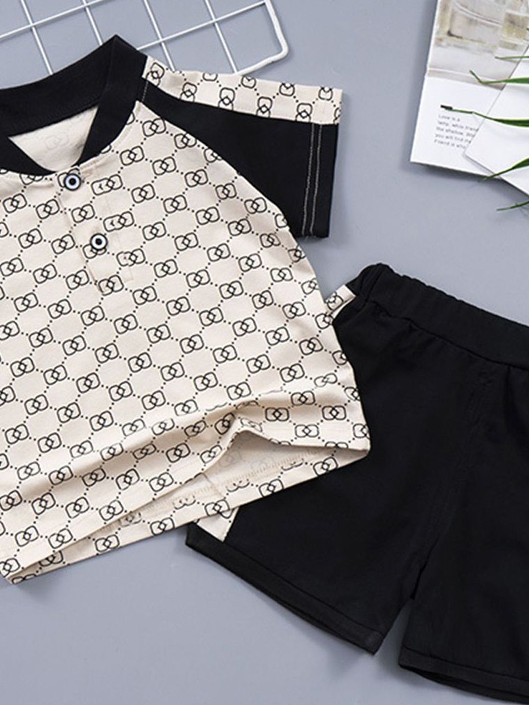 YK Boys Printed Mandarin Collar T-Shirt With Shorts