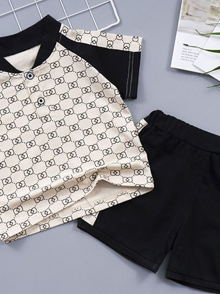 YK Boys Printed Mandarin Collar T-Shirt With Shorts