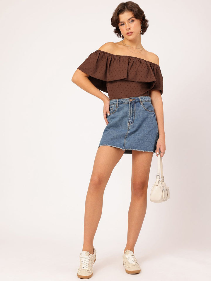 DressBerry Dobby Dreams Ruffled Bardot Crop Top