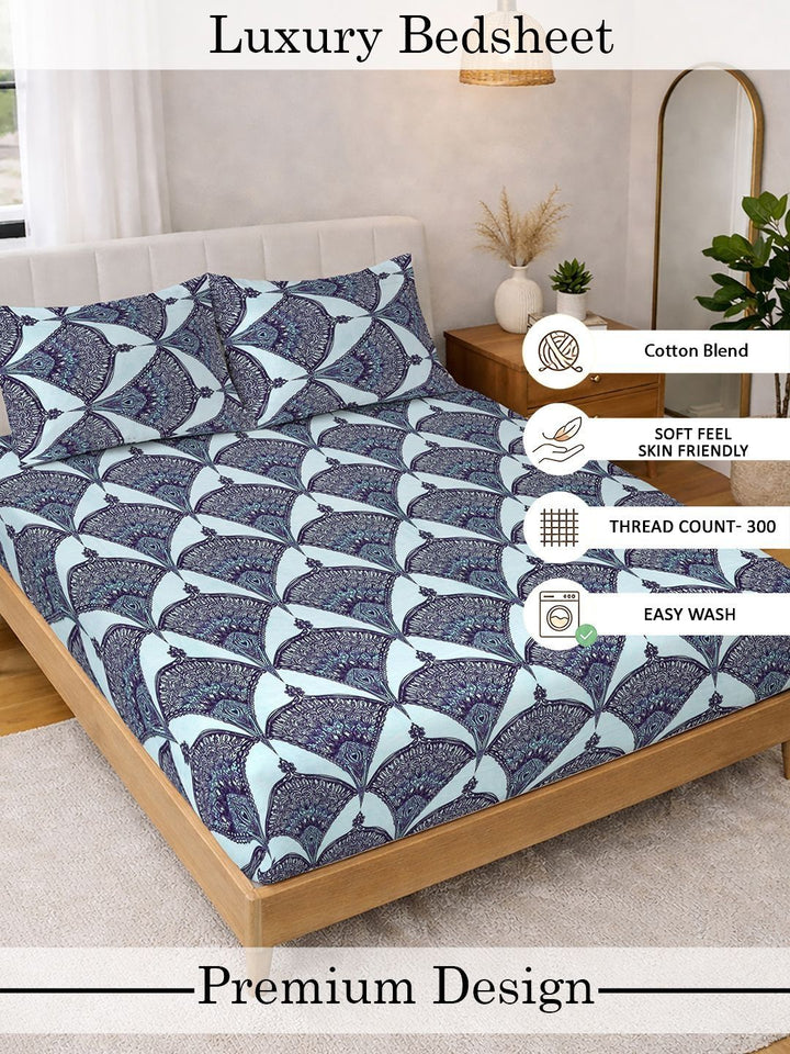 Myntra Elegant Homes Blue Geometric 300 TC Super King Double Bedsheet with 2 Pillow Covers