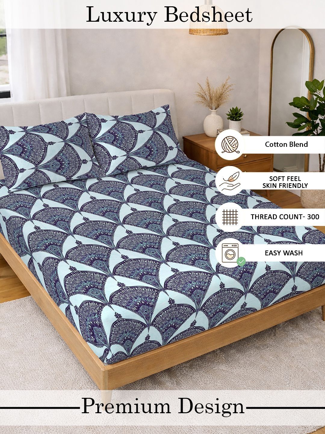Myntra Elegant Homes Blue Geometric 300 TC Super King Double Bedsheet with 2 Pillow Covers