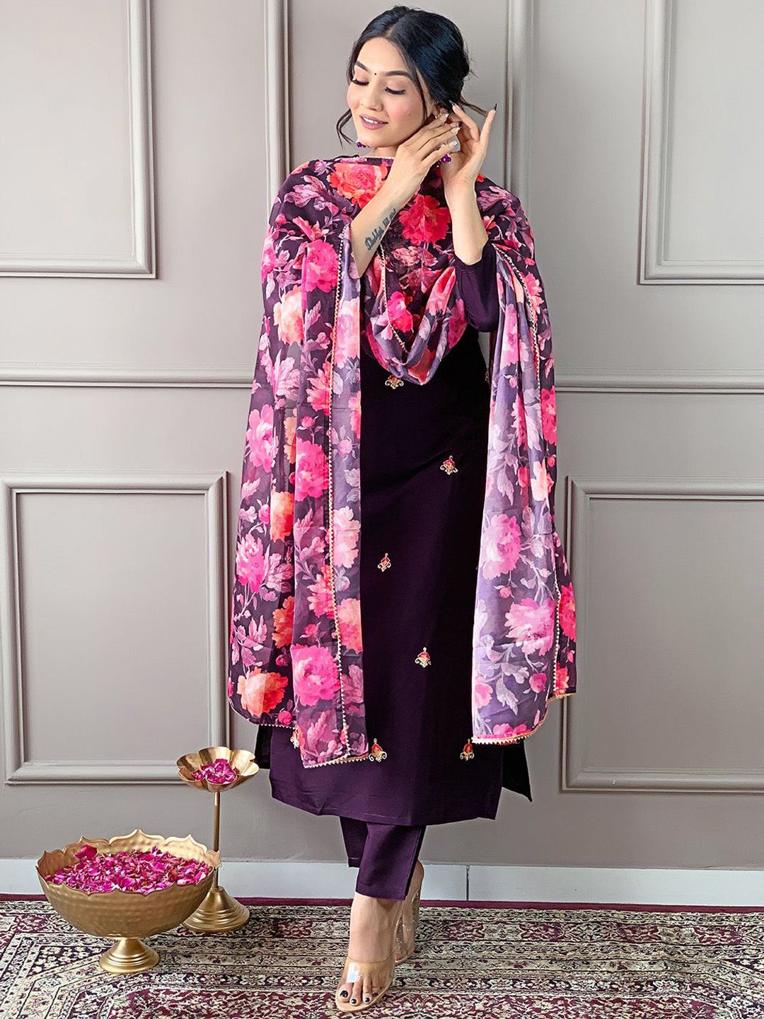 KALINI Women Embroidered Straight Kurta with Trousers & Dupatta