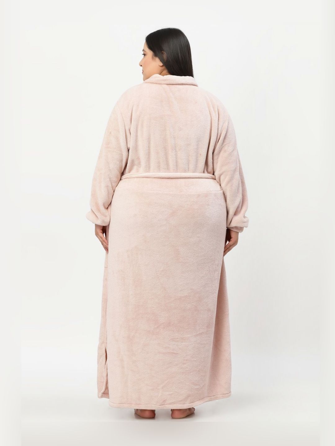 KLOTTHE Plus Size Pink Woollen Long Sleeves Bath Robe With Belt