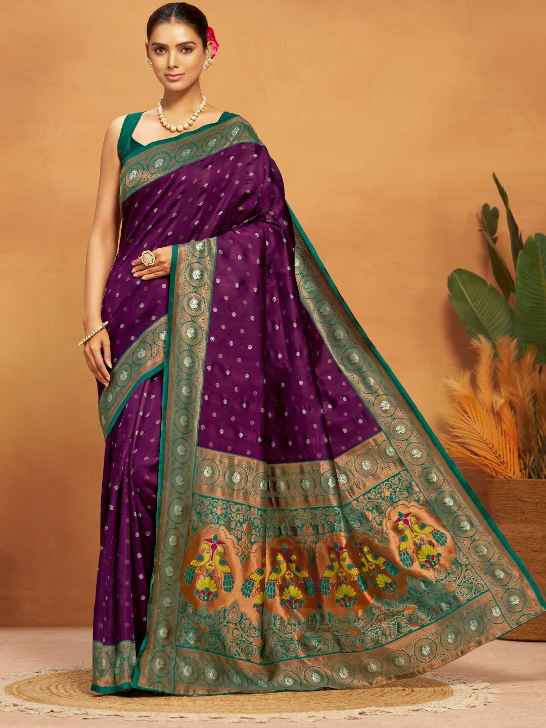 Kalini Silk Blend Woven Paithani Saree with Blouse Piece