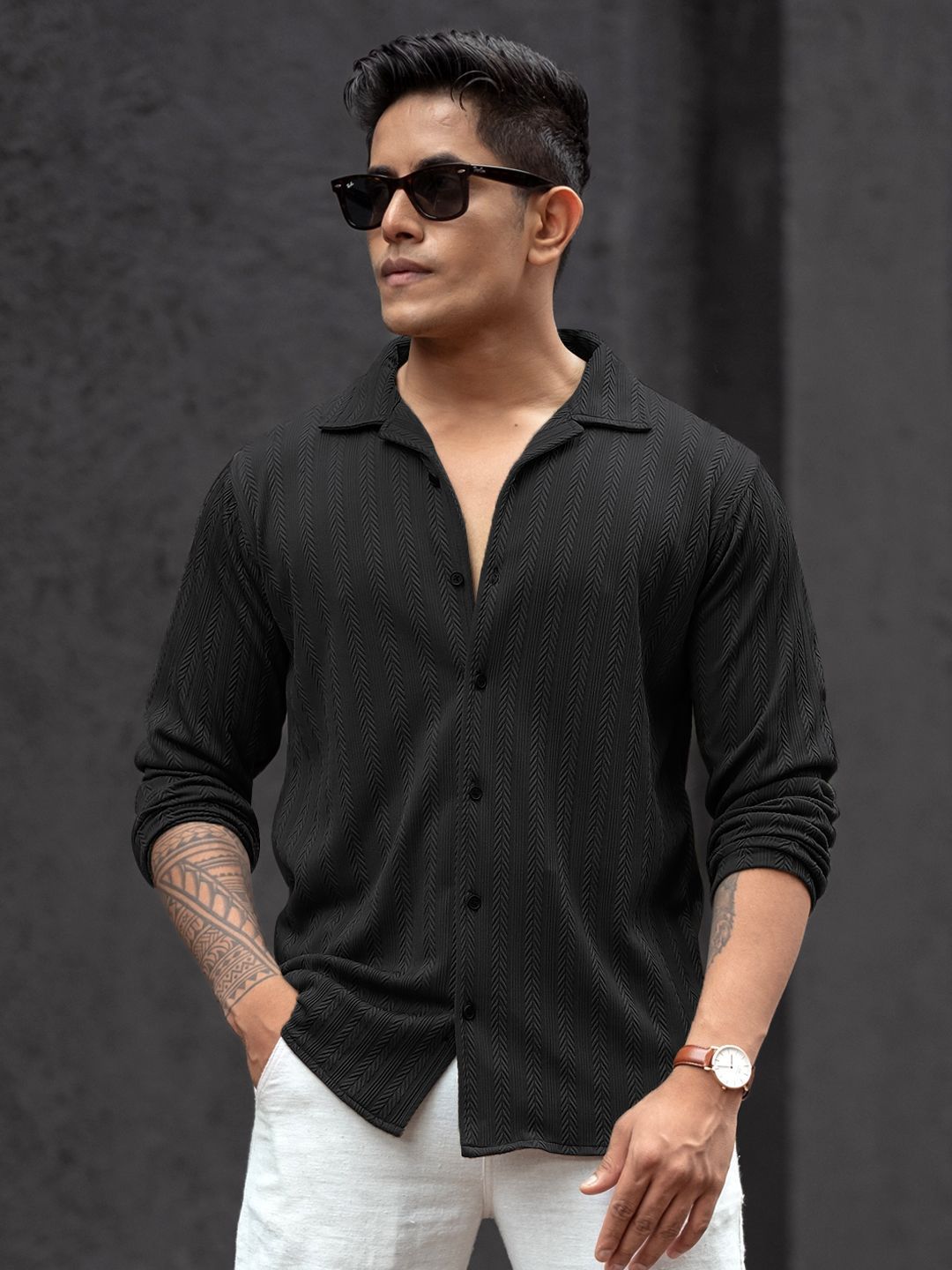 Powerlook Men Cuban Collar Textured Cotton Relaxed Fit Casual Shirt