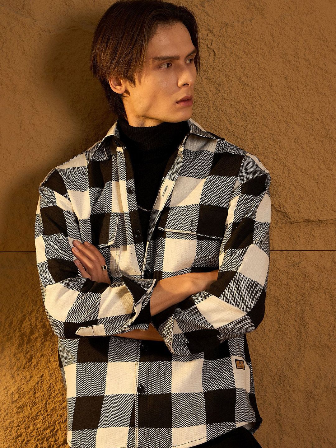 DENNISON Men Double Pocket Drop Shoulder Oversized Cotton Checked Shacket