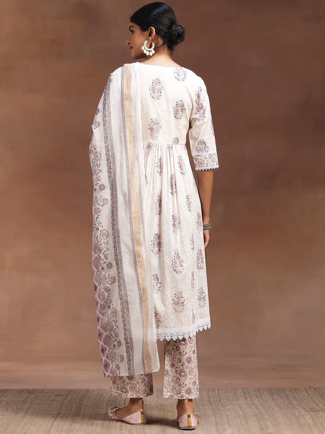 Libas Floral Printed Pleated Pure Cotton Kurta with Trousers & Dupatta