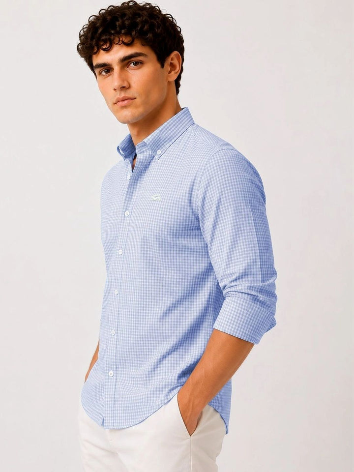 ADRO Men Sky Blue & White Mini Checked Regular Fit Casual Cotton Shirt