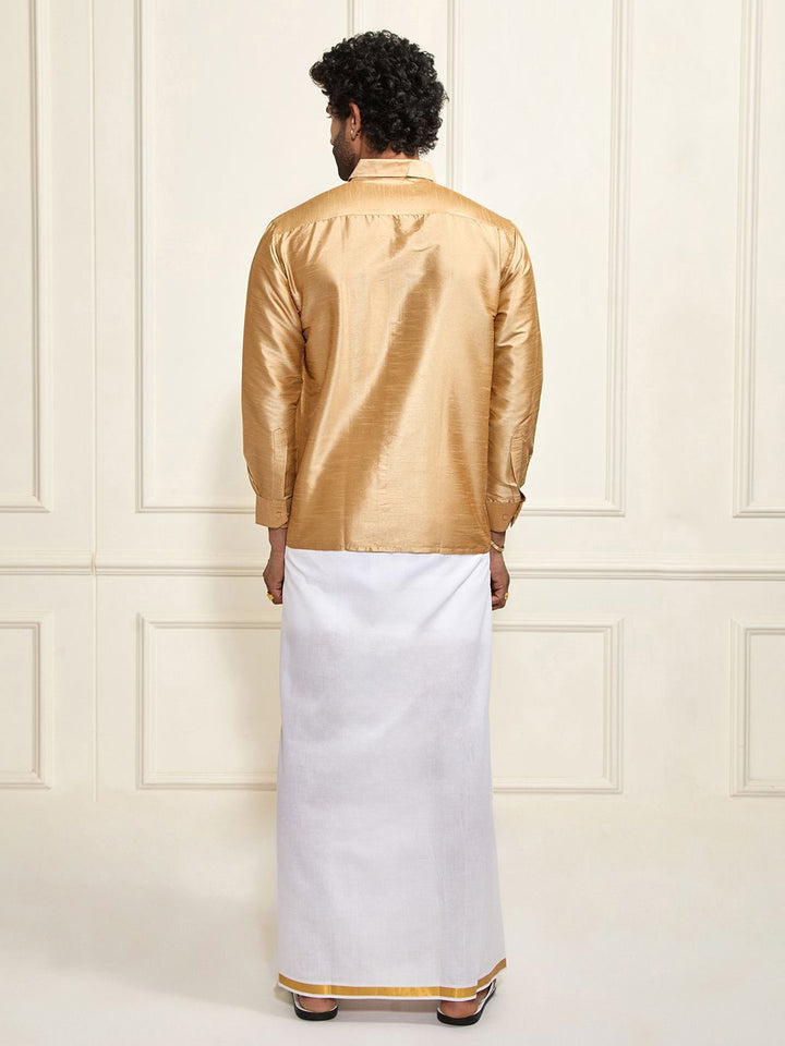 VASTRAMAY Shirt Collar Long Roll-Up Sleeves Shirt With Veshti