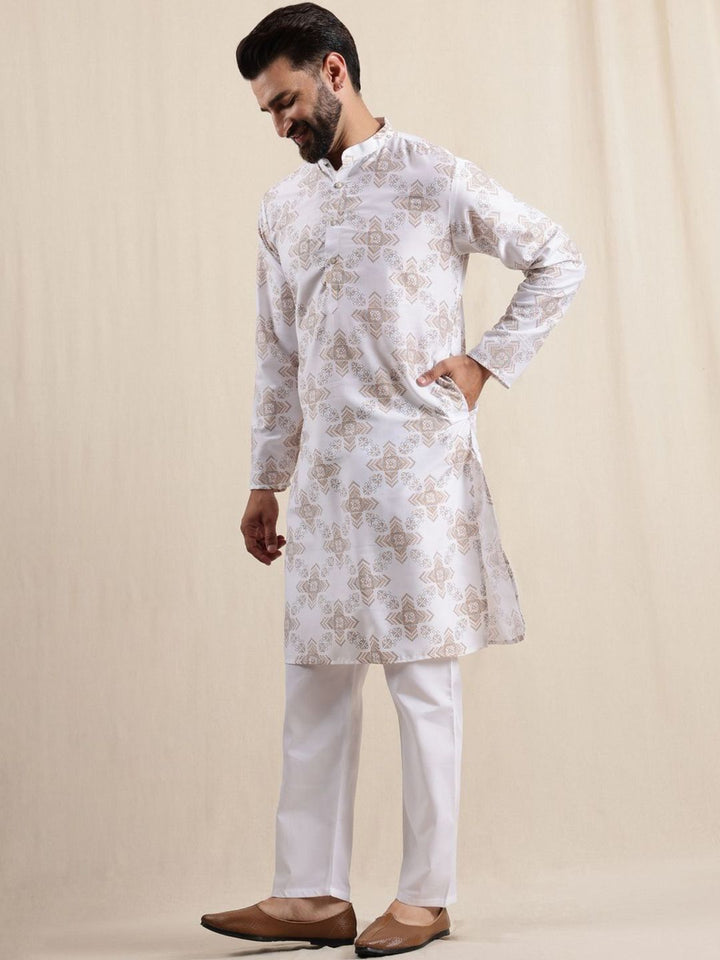 Anouk Geometric Printed Linen Straight Kurta With Pyjamas & Nehru Jacket