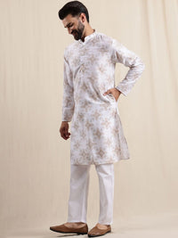 Anouk Geometric Printed Linen Straight Kurta With Pyjamas & Nehru Jacket