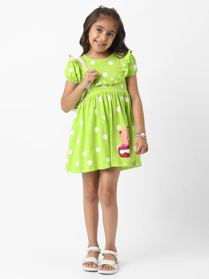 Nauti Nati Girls Green Jersey Cotton Polka Dot Fit and Flare Dress