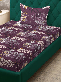 KLOTTHE Purple Leaf Cotton 300 TC Single Fine Bedsheet with a Pillow Cover-225 x 150 cm