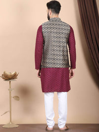 Anouk Purple Floral Embroidered Thread Work Pure Cotton Kurta with Churidar & Nehru Jacket