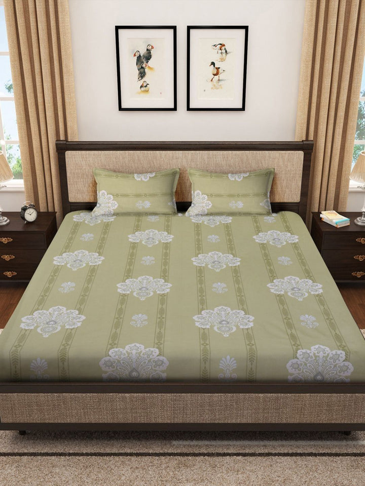 Myntra Elegant Homes Olive Ethnic Motifs Pure Cotton 400 TC Fitted King Superfine Bedsheet with 2 Pillow Covers-250 x 225 cm