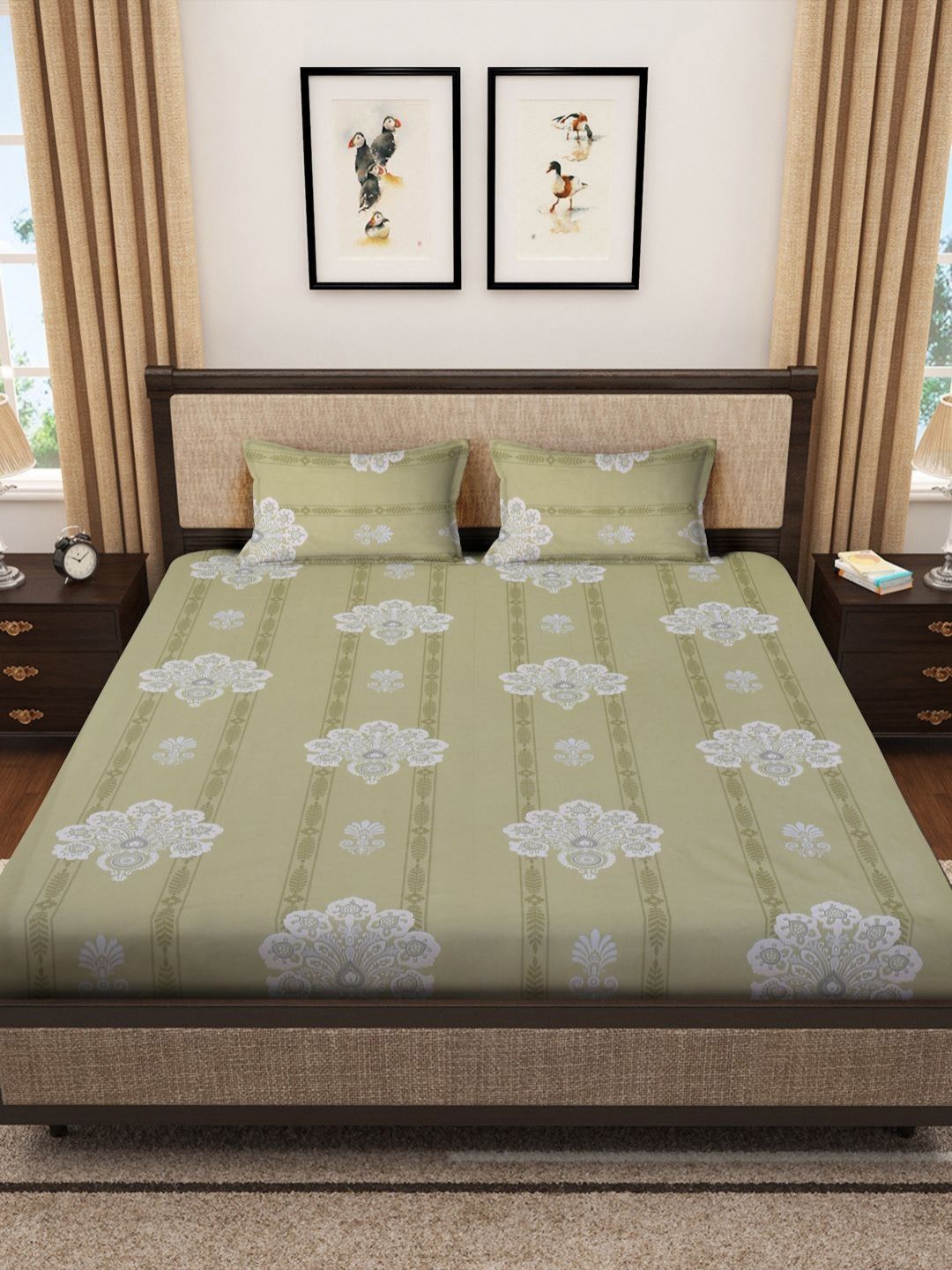 Myntra Elegant Homes Olive Ethnic Motifs Pure Cotton 400 TC Fitted King Superfine Bedsheet with 2 Pillow Covers-250 x 225 cm