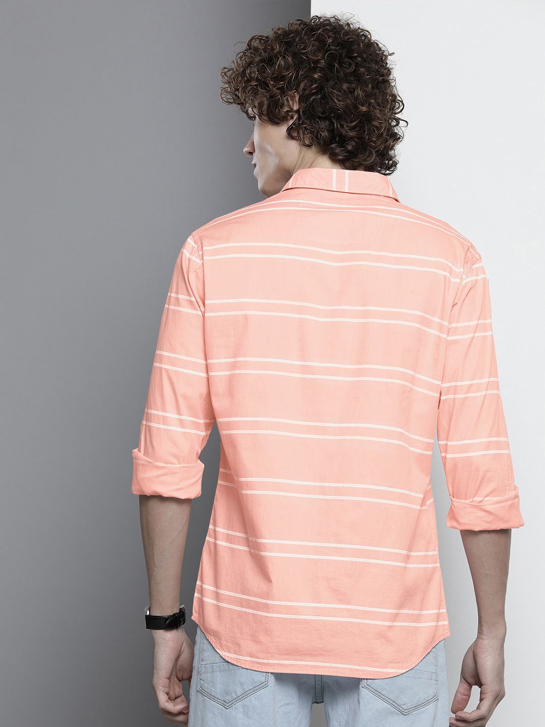 The Indian Garage Co Men Peach-Coloured Horizontal Striped Casual Shirt
