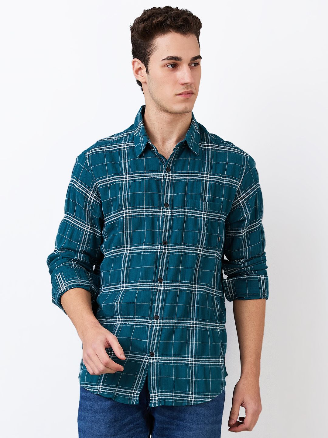 SPYKAR Men Slim Fit Spread Collar Tartan Checked Cotton Casual Shirt
