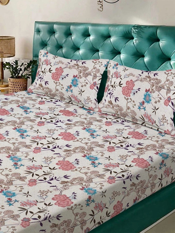 Myntra Elegant Homes Pink & White Floral 300 TC King Bedsheet with 2 Pillow Covers