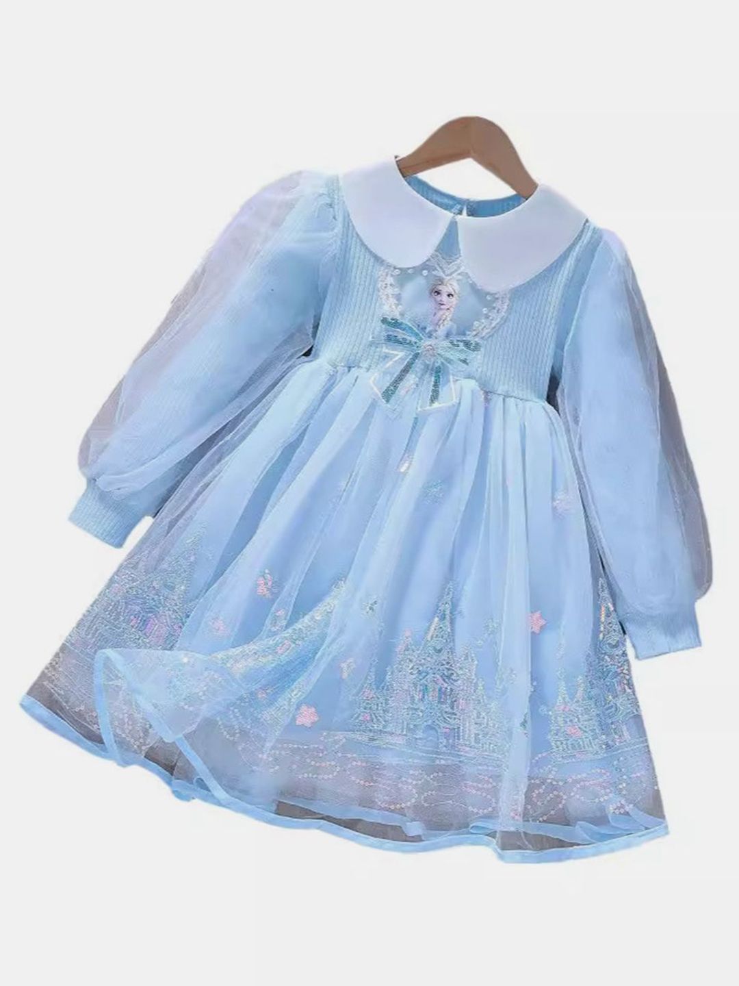 YK Girls Peter Pan Collar Puff Sleeve Fit & Flare Dress