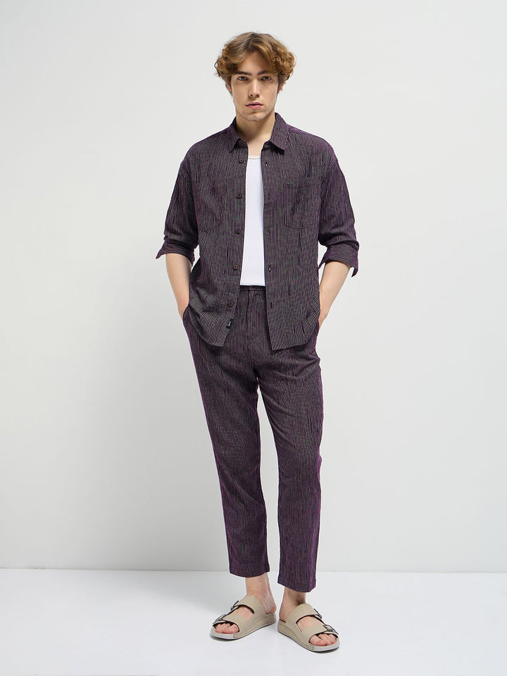 THE BEAR HOUSE Men Cutaway Collar Pinstripes Striped Casual Shirt