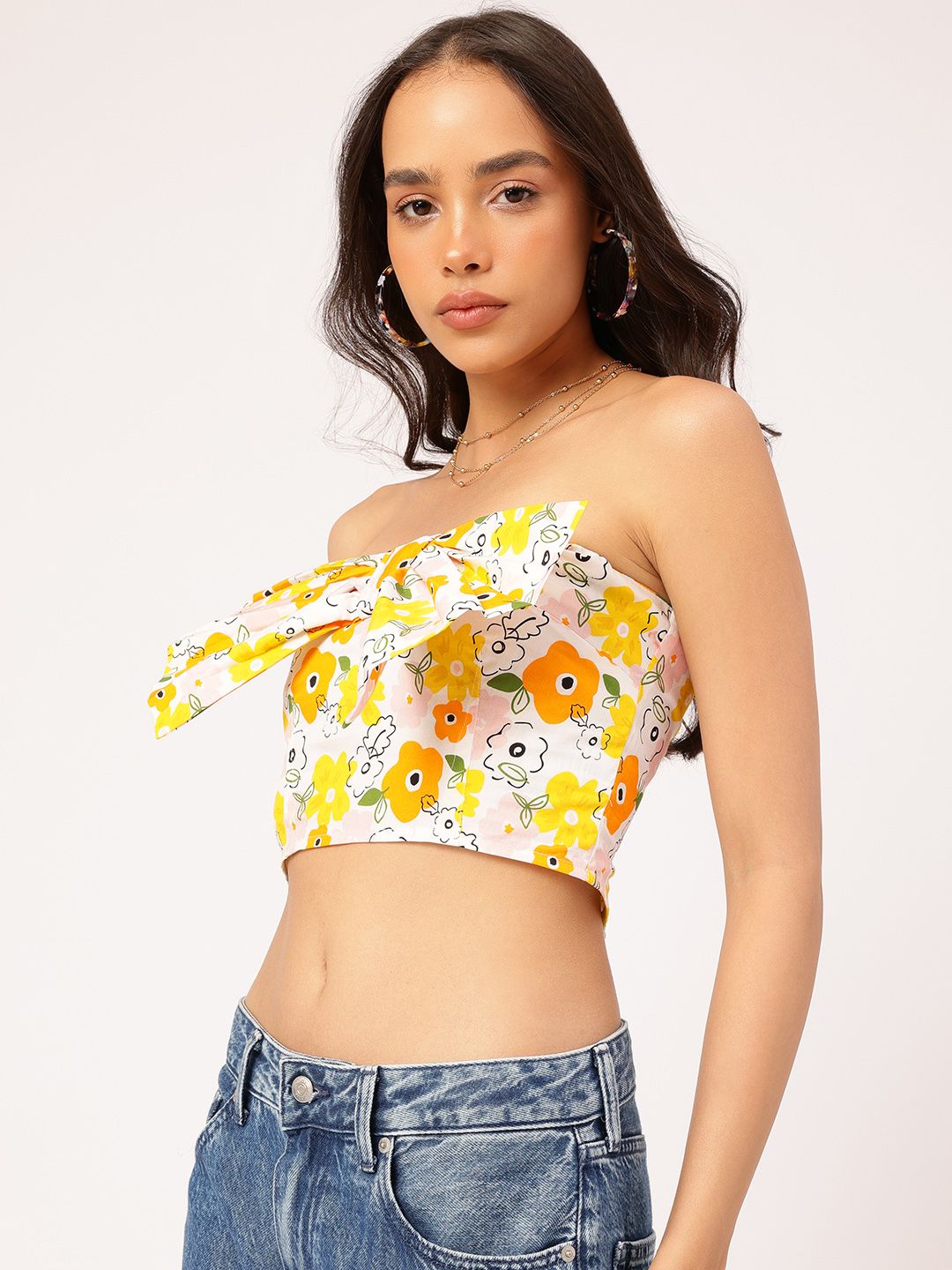 DressBerry Floral Frenzy Bow-Front Smocked Tube Crop Top