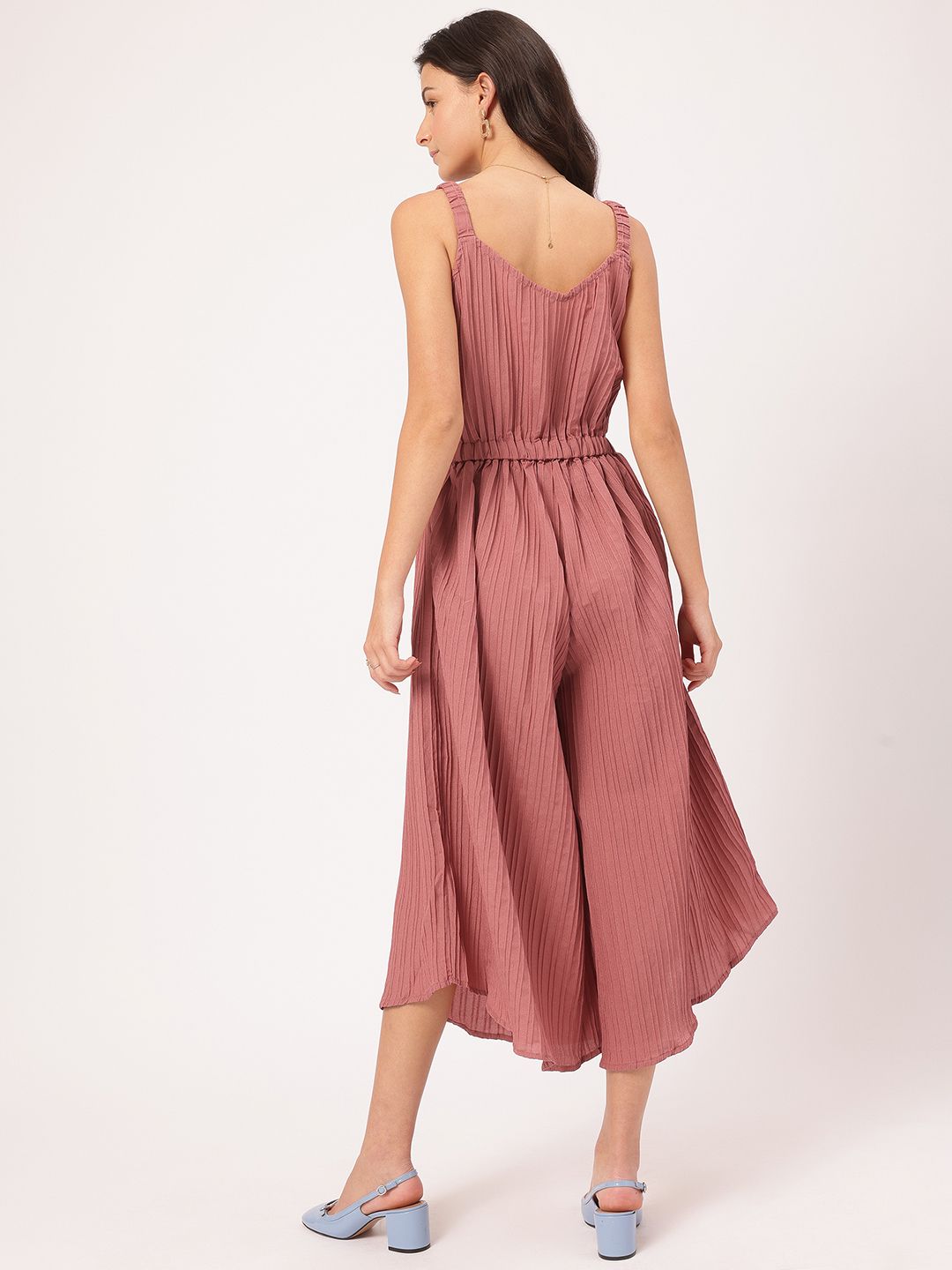 DressBerry Blush & Bold Shoulder Straps Accordion Pleated Crop Jumpsuit