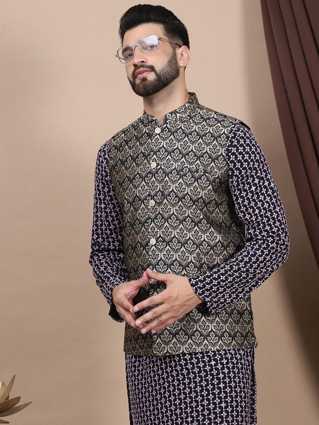 Anouk Geometric Embroidered Pure Cotton Straight Kurta With Churidar & Nehru Jacket