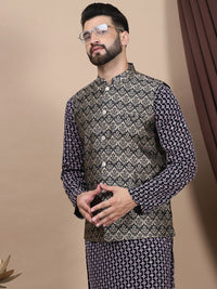 Anouk Geometric Embroidered Pure Cotton Straight Kurta With Churidar & Nehru Jacket