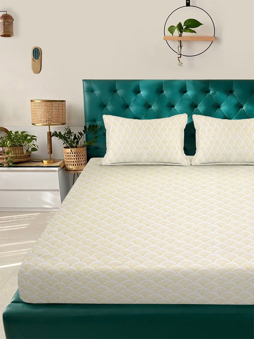 Aura Beige & White Geometric Printed 300 TC Set Cadar King 2.5 x 2.25 m