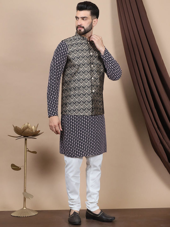 Anouk Geometric Embroidered Pure Cotton Straight Kurta With Churidar & Nehru Jacket