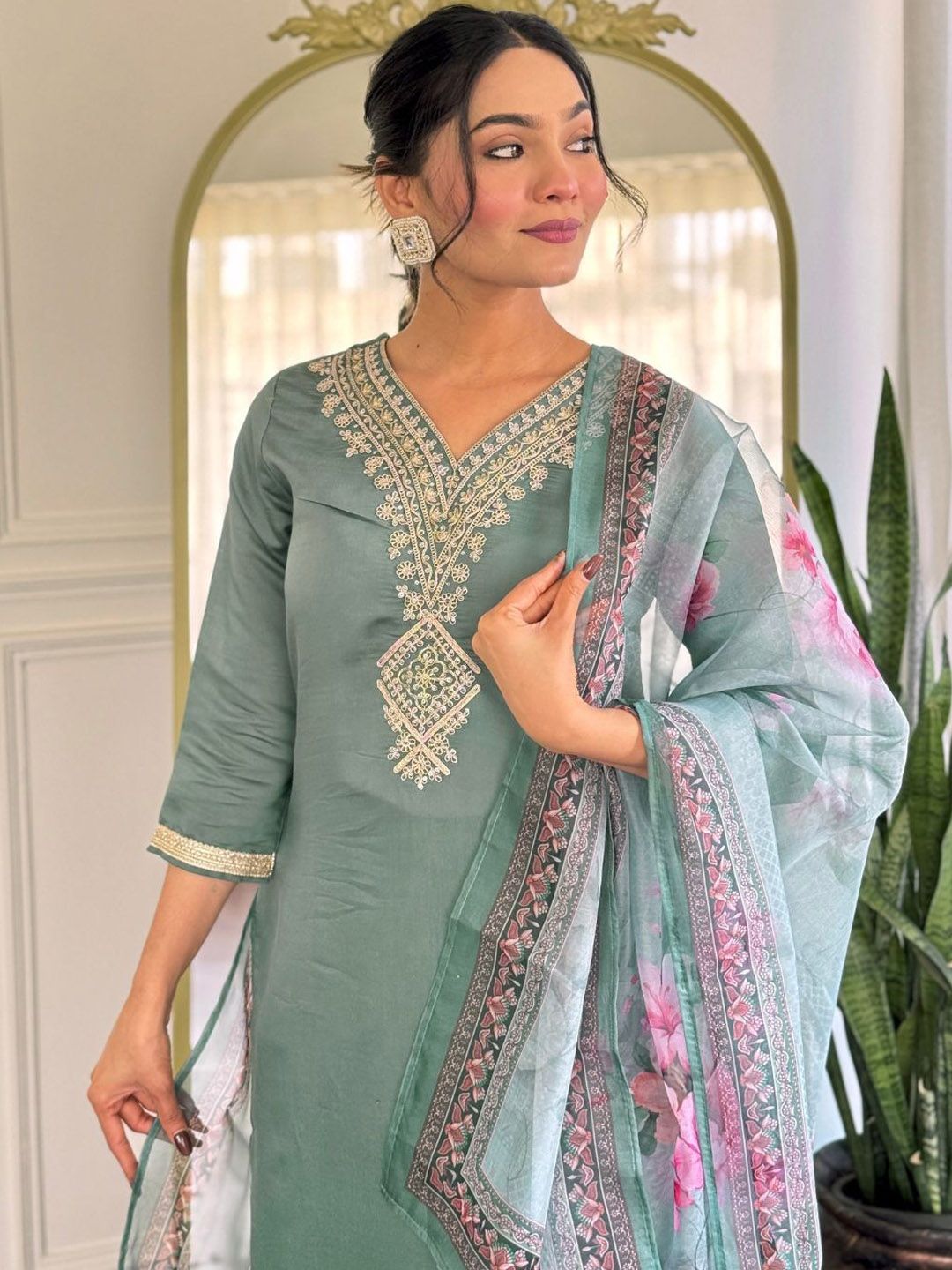 KALINI Women Embroidered Regular Kurta with Trousers & With Dupatta