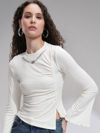 Tokyo Talkies Women Ribbed Mock Neck Bell Sleeve Fitted Top
