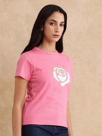 Rareism Wanita bunga T-Shirt Tepi Mentah Bercetak