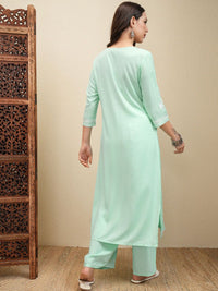 Vishudh Green Floral Embroidered Thread Work Regular Kurta with Trouser