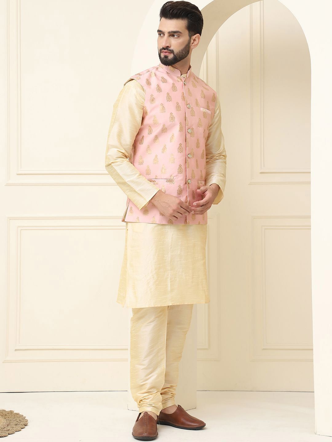 SOJANYA Mandarin Collar Silk Cotton Kurta With Churidar & Woven Design Nehru Jacket