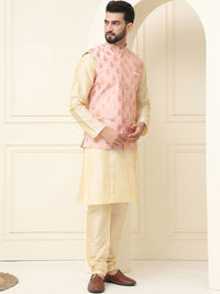SOJANYA Mandarin Collar Silk Cotton Kurta With Churidar & Woven Design Nehru Jacket