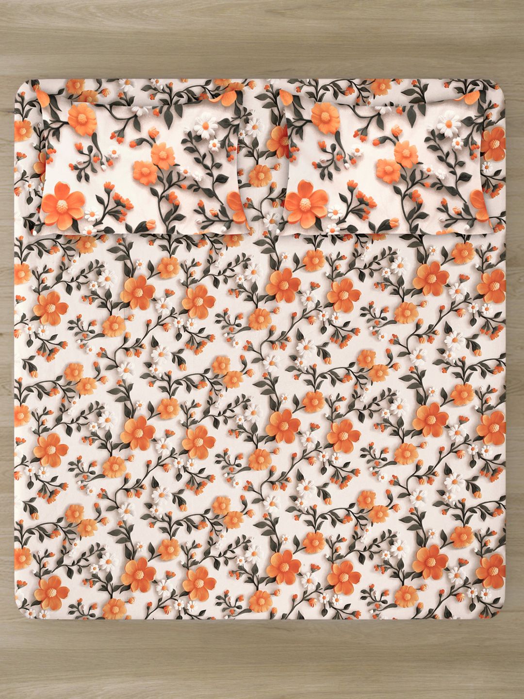 KLOTTHE Cream Floral Printed Dilengkapi 300 TC Double King 7D Cadar & 2 Sarung Bantal