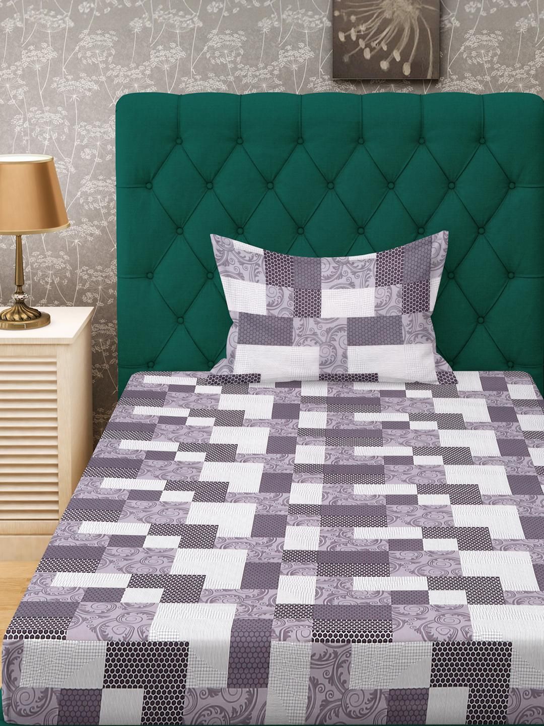 Klotthe Purple Geometric 400 TC Pure Cotton Single Bedsheet dalam Pembungkusan Lipat Buku