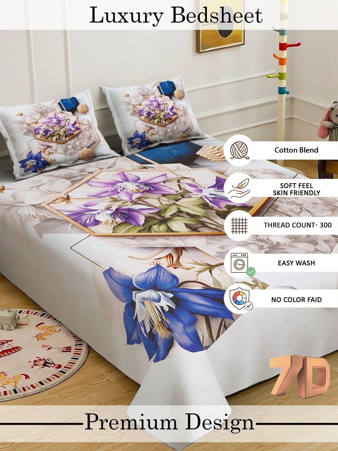 Myntra Elegant Homes Multicoloured Floral 300 TC Bedsheet with 2 Pillow Covers