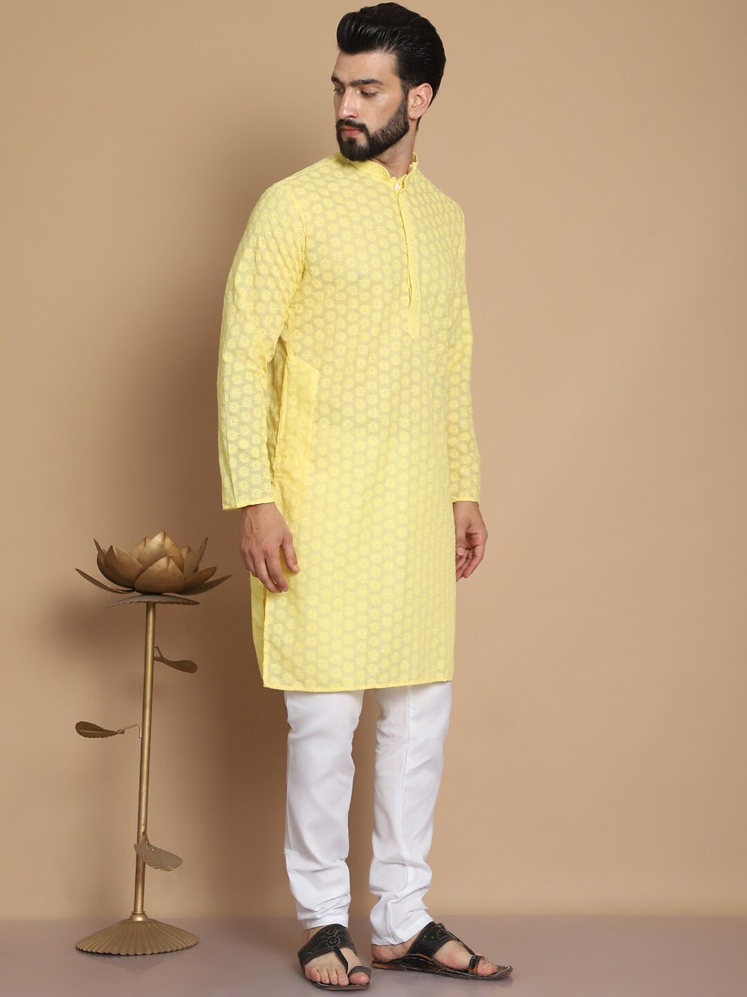 Anouk Men Ethnic Motifs Embroidered Regular Thread Work Pure Cotton Kurta with Churidar