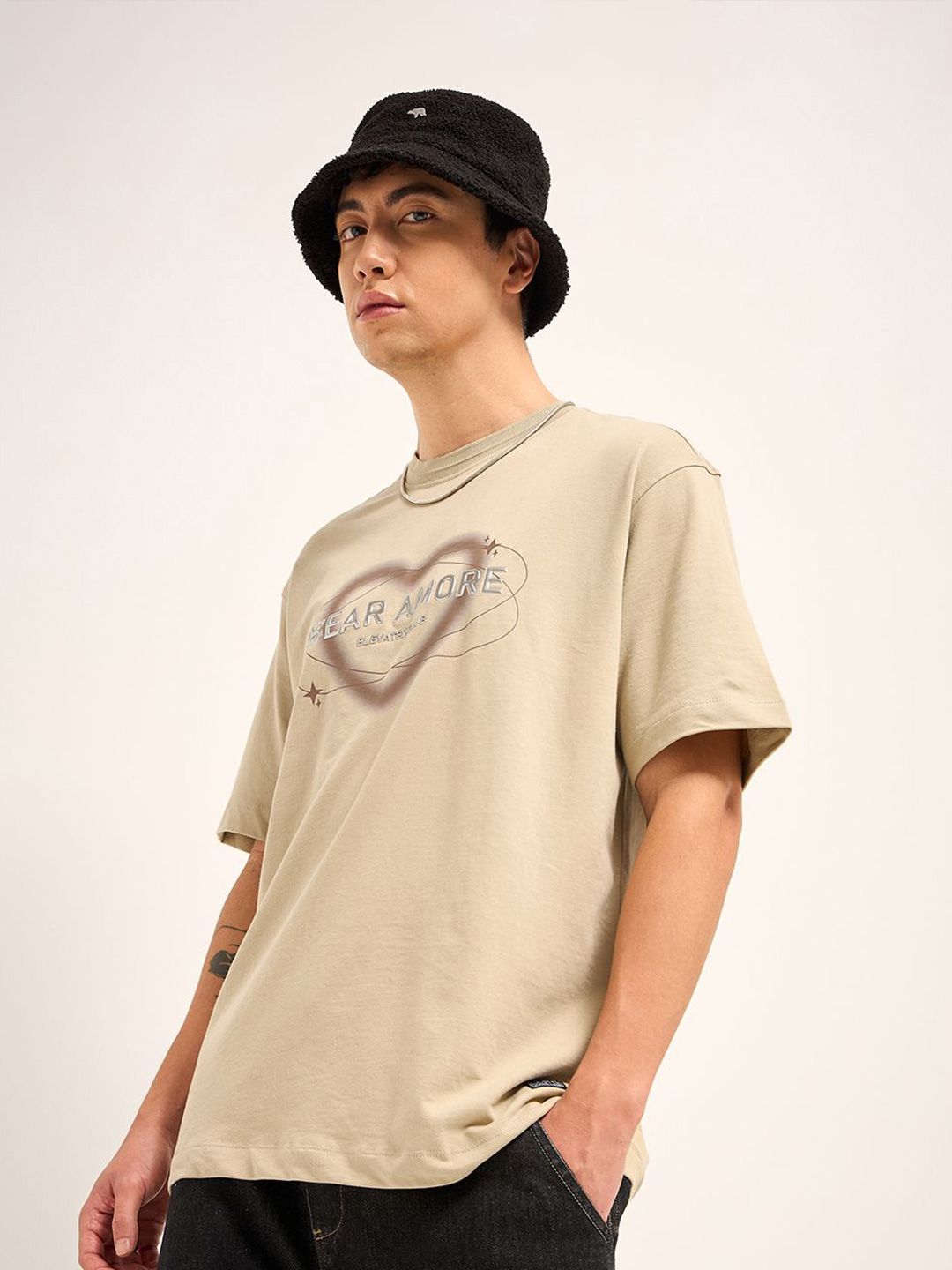 THE BEAR HOUSE Men Typography Printed Round Neck Cotton Oversized T-shirt